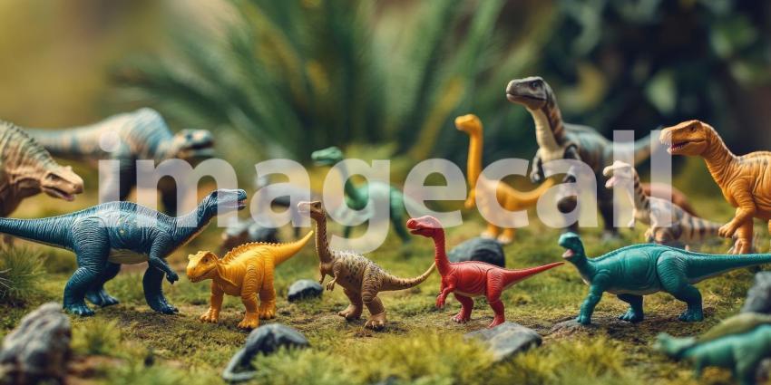 Prehistoric Playtime: A Diverse Collection of Colorful Dinosaur Toys Roaming a Miniature Jurassic Landscape