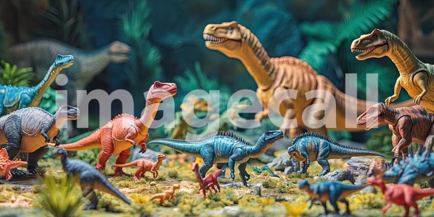 Prehistoric Playtime: A Diverse Collection of Colorful Dinosaur Toys Roaming a Miniature Jurassic Landscape