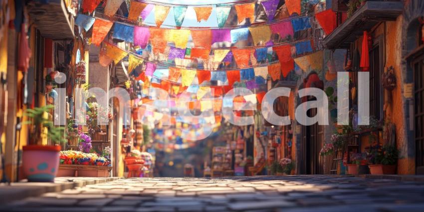 Festive Cobblestone Street Decorated with Colorful Bunting Flags, Flower Pots, and Sunlight Filtering Through the Buildings