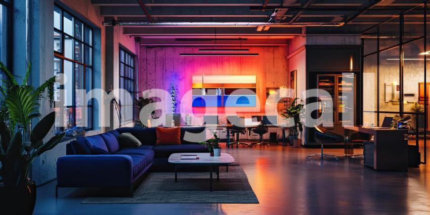 Modern Gaming Setup with Dual Monitors, Neon Lights, and a Brick Wall in a Loft-Style Room for Tech, Gaming, and Interior Design Concepts