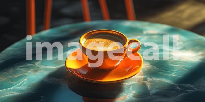 Cozy Morning Scene with a Steaming Cup of Coffee on a Wooden Table by a Window with Sunlight Streaming Through