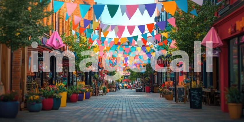 Festive Cobblestone Street Decorated with Colorful Bunting Flags, Flower Pots, and Sunlight Filtering Through the Buildings