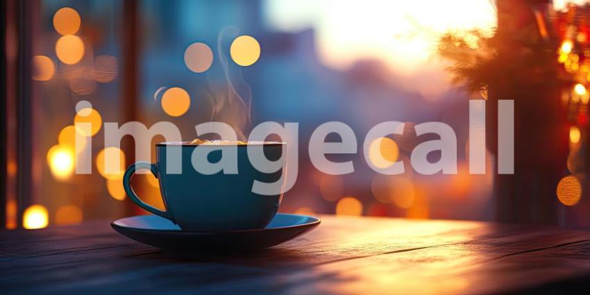 Cozy Morning Scene with a Steaming Cup of Coffee on a Wooden Table by a Window with Sunlight Streaming Through