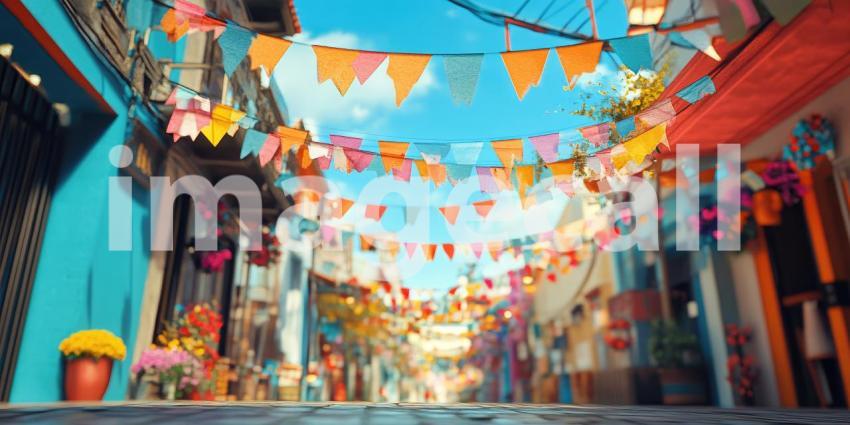 Festive Cobblestone Street Decorated with Colorful Bunting Flags, Flower Pots, and Sunlight Filtering Through the Buildings