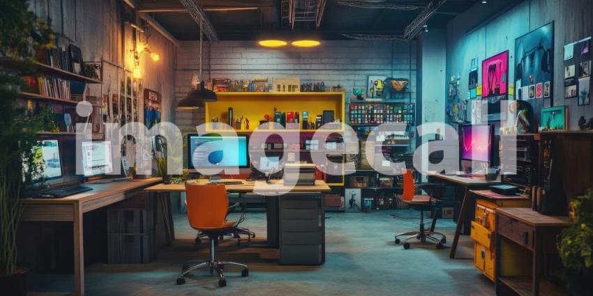 Modern Gaming Setup with Dual Monitors, Neon Lights, and a Brick Wall in a Loft-Style Room for Tech, Gaming, and Interior Design Concepts