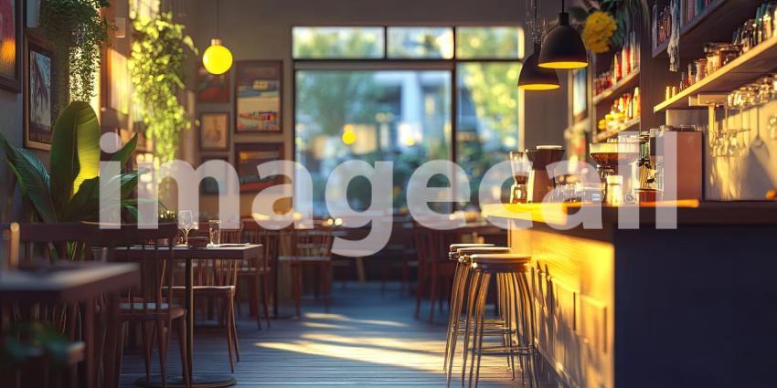 Warm and Inviting Cafe Interior with Wooden Tables and Chairs, Plants, and Sunlight Streaming Through Large Windows