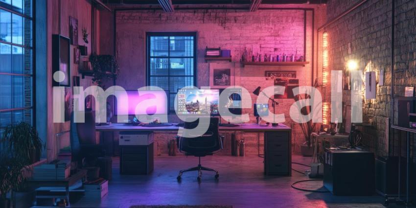 Modern Gaming Setup with Dual Monitors, Neon Lights, and a Brick Wall in a Loft-Style Room for Tech, Gaming, and Interior Design Concepts