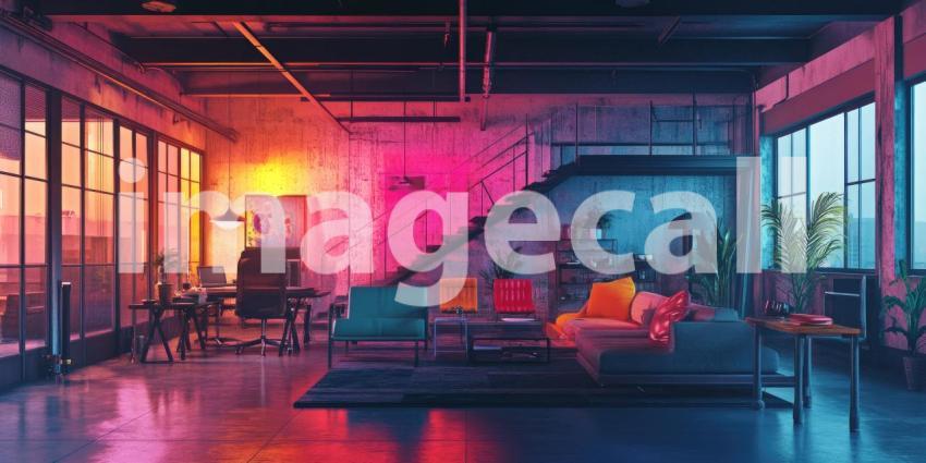 Modern Gaming Setup with Dual Monitors, Neon Lights, and a Brick Wall in a Loft-Style Room for Tech, Gaming, and Interior Design Concepts