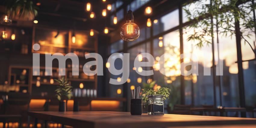 Warm and Inviting Cafe Interior with Wooden Tables and Chairs, Plants, and Sunlight Streaming Through Large Windows