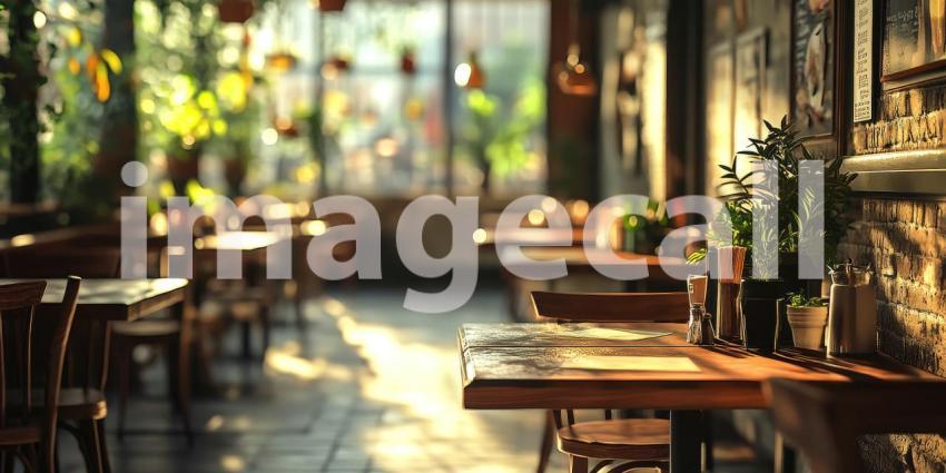 Warm and Inviting Cafe Interior with Wooden Tables and Chairs, Plants, and Sunlight Streaming Through Large Windows
