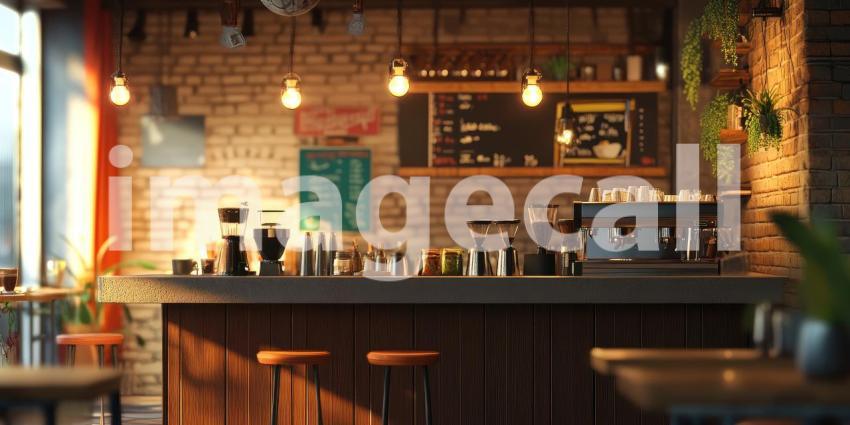Warm and Inviting Cafe Interior with Wooden Tables and Chairs, Plants, and Sunlight Streaming Through Large Windows