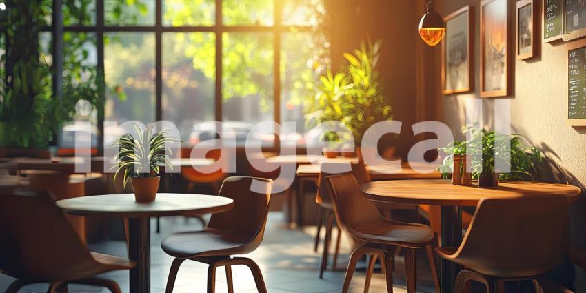 Warm and Inviting Cafe Interior with Wooden Tables and Chairs, Plants, and Sunlight Streaming Through Large Windows