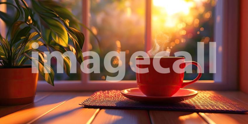 Cozy Morning Scene with a Steaming Cup of Coffee on a Wooden Table by a Window with Sunlight Streaming Through