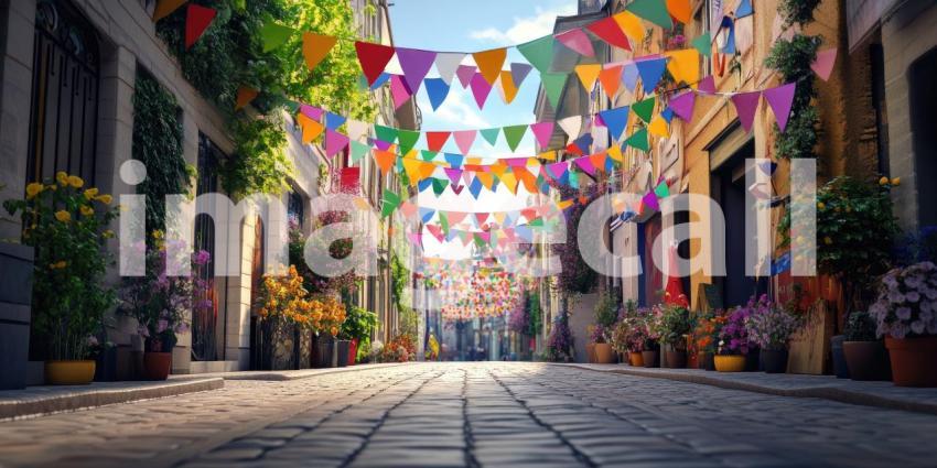 Festive Cobblestone Street Decorated with Colorful Bunting Flags, Flower Pots, and Sunlight Filtering Through the Buildings