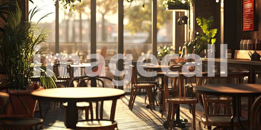 Warm and Inviting Cafe Interior with Wooden Tables and Chairs, Plants, and Sunlight Streaming Through Large Windows