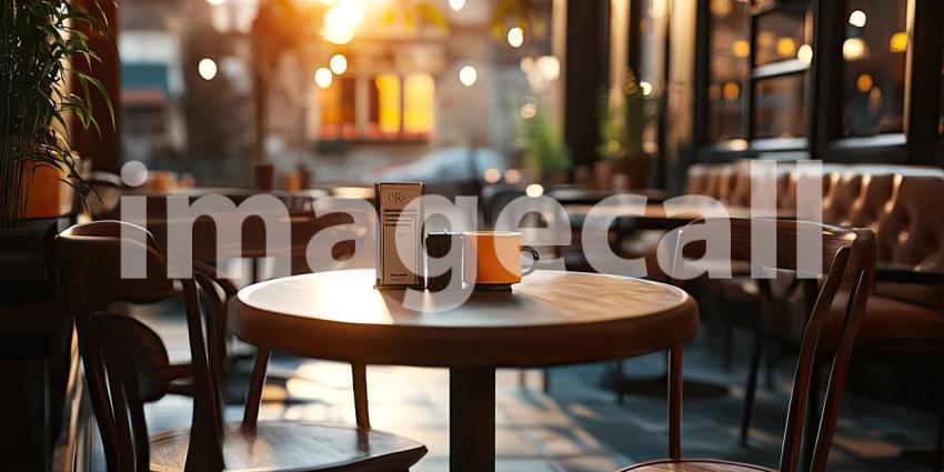 Warm and Inviting Cafe Interior with Wooden Tables and Chairs, Plants, and Sunlight Streaming Through Large Windows