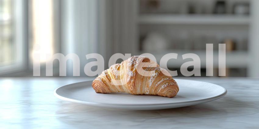 Golden Croissant Bathed in Warm Light Against a Colorful Draped Background for Food Photography, Bakery, and Still Life Concepts