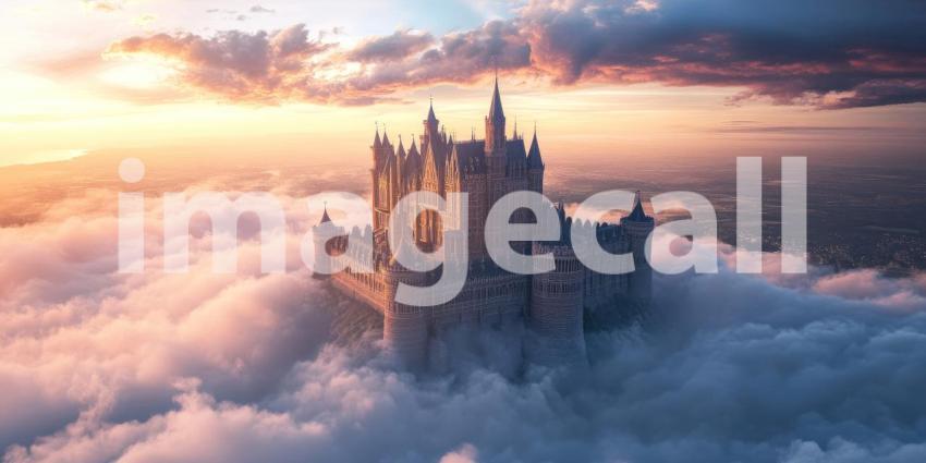 Enchanted Castle Perched Above the Clouds at Sunset with Dramatic Skies and a Dreamy Atmosphere for Fantasy, Fairytale, and Imaginative Concepts