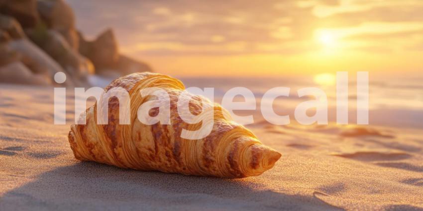 Golden Croissant Bathed in Warm Light Against a Colorful Draped Background for Food Photography, Bakery, and Still Life Concepts