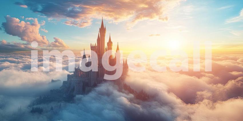 Enchanted Castle Perched Above the Clouds at Sunset with Dramatic Skies and a Dreamy Atmosphere for Fantasy, Fairytale, and Imaginative Concepts
