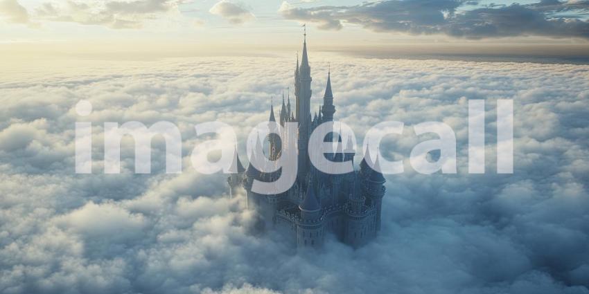 Enchanted Castle Perched Above the Clouds at Sunset with Dramatic Skies and a Dreamy Atmosphere for Fantasy, Fairytale, and Imaginative Concepts