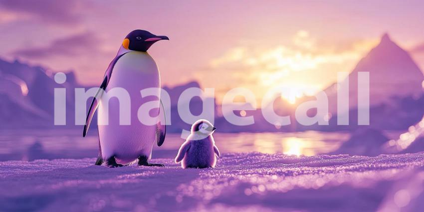 Heartwarming Scene of a King Penguin and its Adorable Chick Standing Together on a Snowy Landscape with Majestic Mountains in the Background