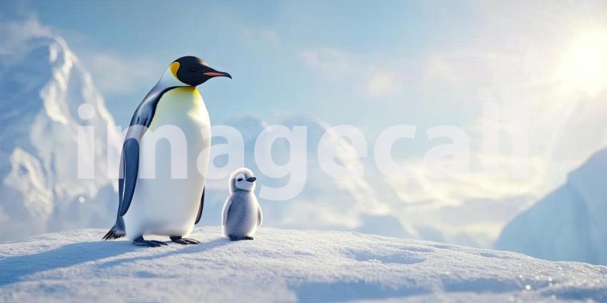 Heartwarming Scene of a King Penguin and its Adorable Chick Standing Together on a Snowy Landscape with Majestic Mountains in the Background