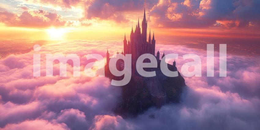 Enchanted Castle Perched Above the Clouds at Sunset with Dramatic Skies and a Dreamy Atmosphere for Fantasy, Fairytale, and Imaginative Concepts