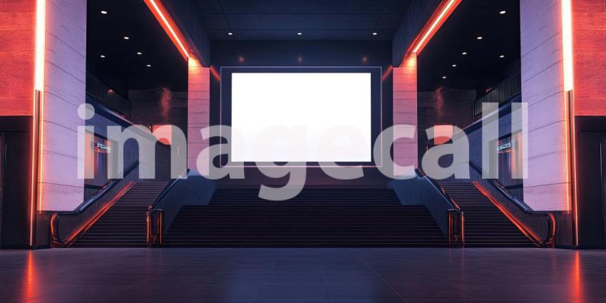 Empty Movie Theater with Red Neon Lights, a Blank Screen, and Rows of Empty Seats Evoking a Sense of Nostalgia and Anticipation