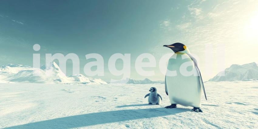 Heartwarming Scene of a King Penguin and its Adorable Chick Standing Together on a Snowy Landscape with Majestic Mountains in the Background