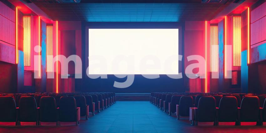 Empty Movie Theater with Red Neon Lights, a Blank Screen, and Rows of Empty Seats Evoking a Sense of Nostalgia and Anticipation