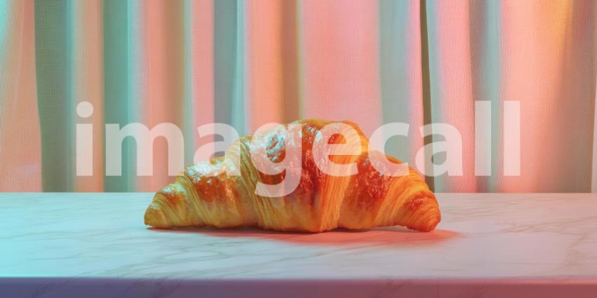Golden Croissant Bathed in Warm Light Against a Colorful Draped Background for Food Photography, Bakery, and Still Life Concepts