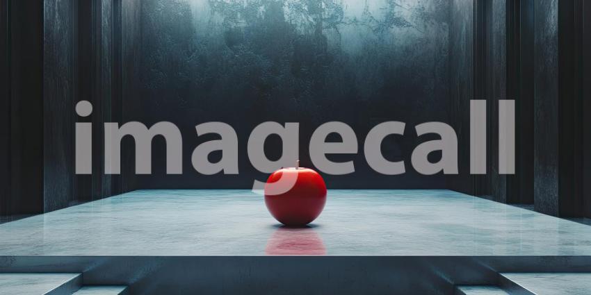 Minimalist Still Life with a Single Red Apple Resting on a Concrete Floor Bathed in Sunlight