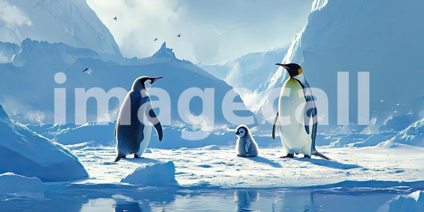 Heartwarming Scene of a King Penguin and its Adorable Chick Standing Together on a Snowy Landscape with Majestic Mountains in the Background