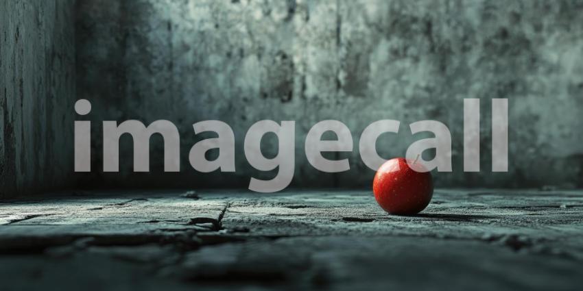 Minimalist Still Life with a Single Red Apple Resting on a Concrete Floor Bathed in Sunlight