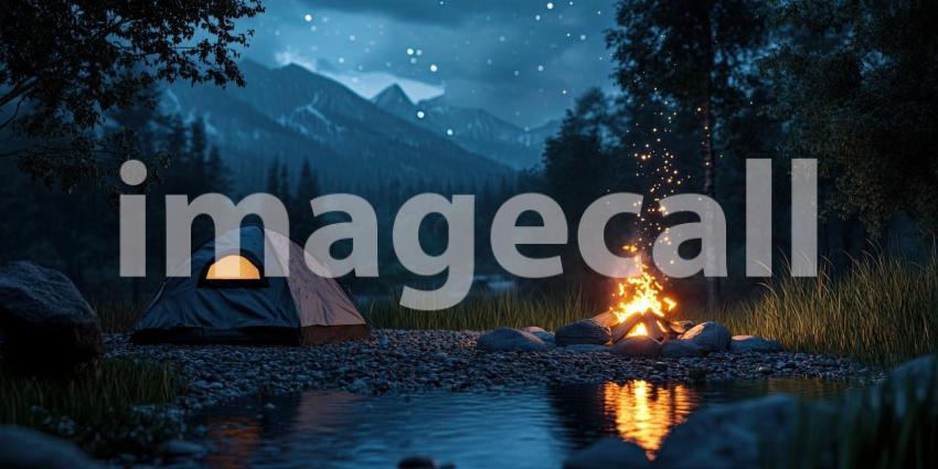 Tranquil Campsite at Dusk with a Cozy Tent Illuminated by a Warm Fire Beside a River, Under a Night Sky