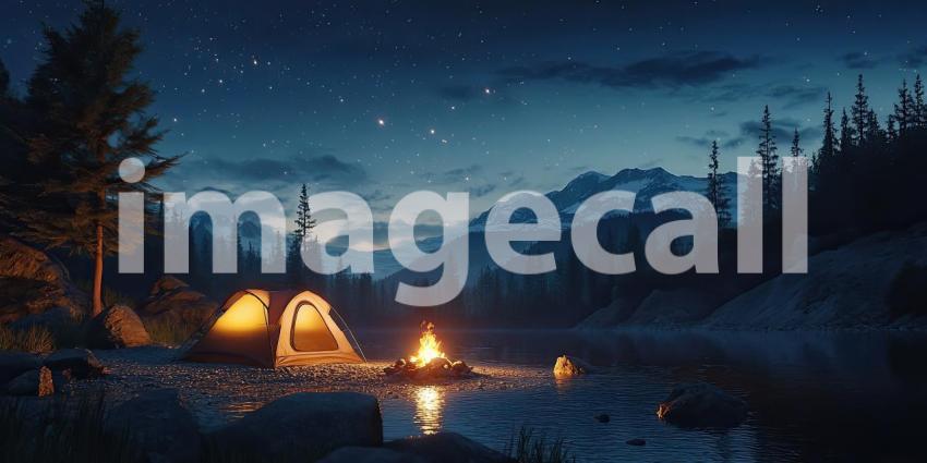 Tranquil Campsite at Dusk with a Cozy Tent Illuminated by a Warm Fire Beside a River, Under a Night Sky
