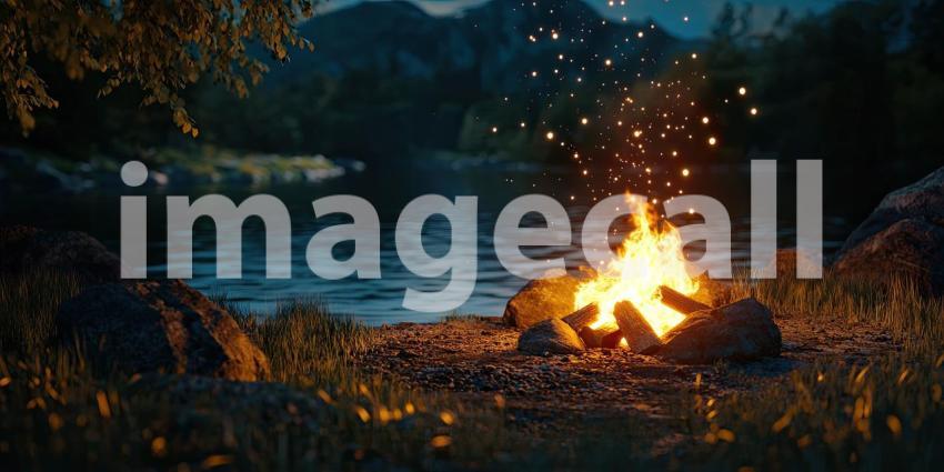 Tranquil Campsite at Dusk with a Cozy Tent Illuminated by a Warm Fire Beside a River, Under a Night Sky