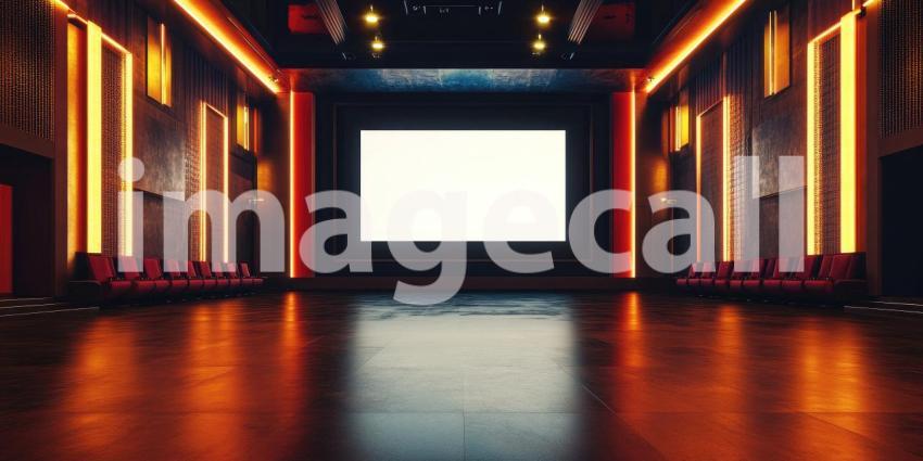 Empty Movie Theater with Red Neon Lights, a Blank Screen, and Rows of Empty Seats Evoking a Sense of Nostalgia and Anticipation