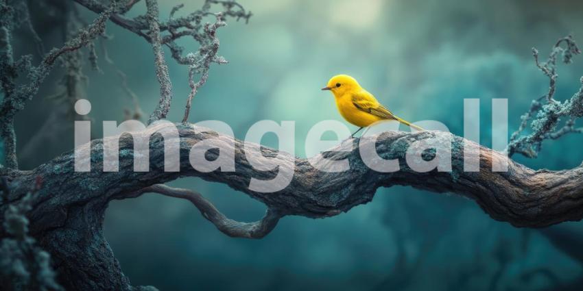 Vibrant Yellow Bird Perched on a Branch with a Butterfly Flying Nearby in a Sunlit Garden for Nature, Wildlife, and Springtime Concepts