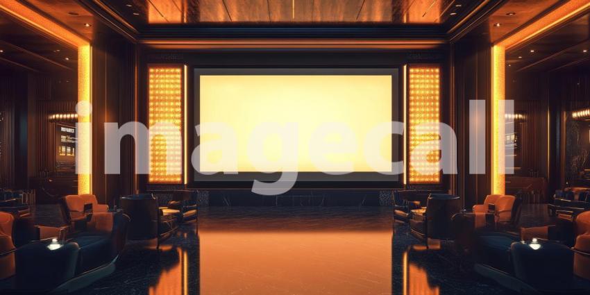 Empty Movie Theater with Red Neon Lights, a Blank Screen, and Rows of Empty Seats Evoking a Sense of Nostalgia and Anticipation