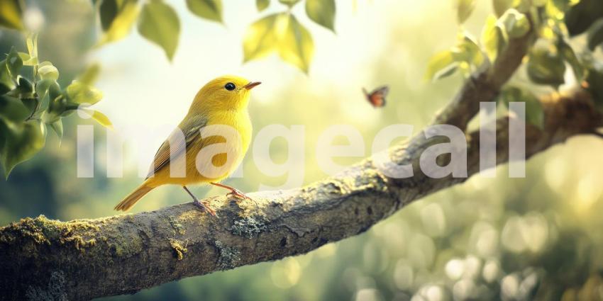 Vibrant Yellow Bird Perched on a Branch with a Butterfly Flying Nearby in a Sunlit Garden for Nature, Wildlife, and Springtime Concepts