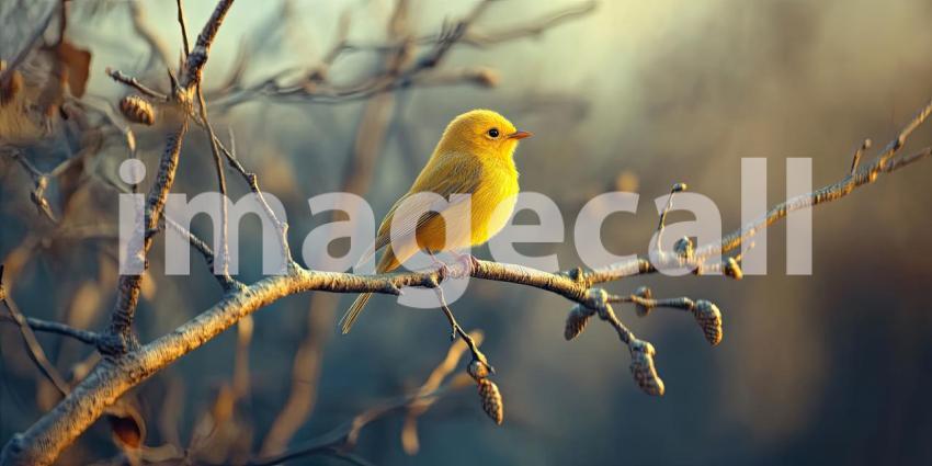 Vibrant Yellow Bird Perched on a Branch with a Butterfly Flying Nearby in a Sunlit Garden for Nature, Wildlife, and Springtime Concepts