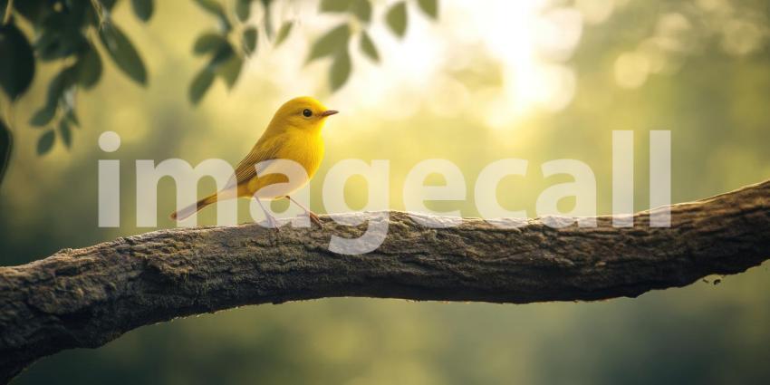 Vibrant Yellow Bird Perched on a Branch with a Butterfly Flying Nearby in a Sunlit Garden for Nature, Wildlife, and Springtime Concepts