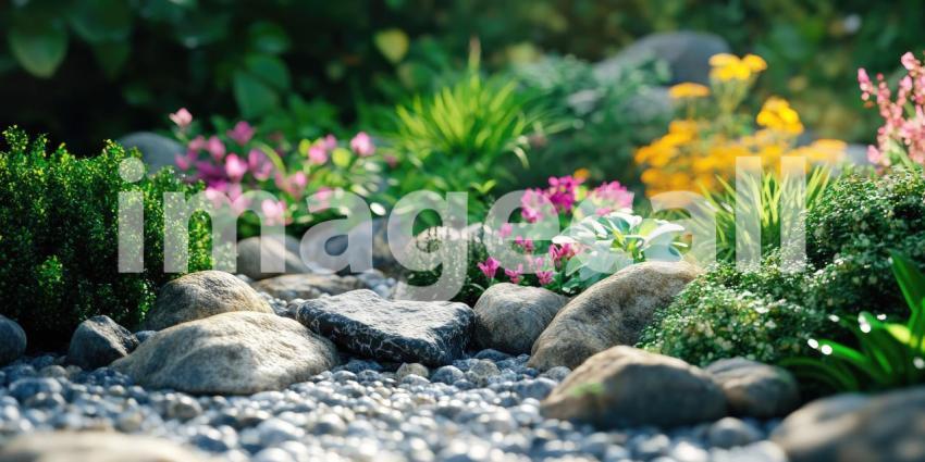 Vibrant Garden Scene with Colorful Flowers, Lush Greenery, and Smooth River Rocks Bathed in Sunlight