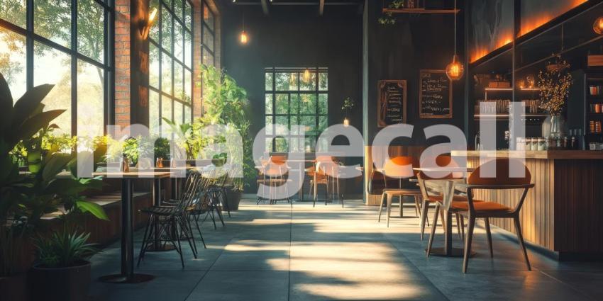 Warm and Inviting Cafe Interior with Wooden Tables and Chairs, Plants, and Sunlight Streaming Through Large Windows