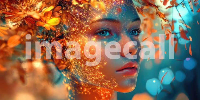 Harmony of Future and Nature: Humanoid Robot Amidst Vibrant Pink Flowers in Surreal Cityscape