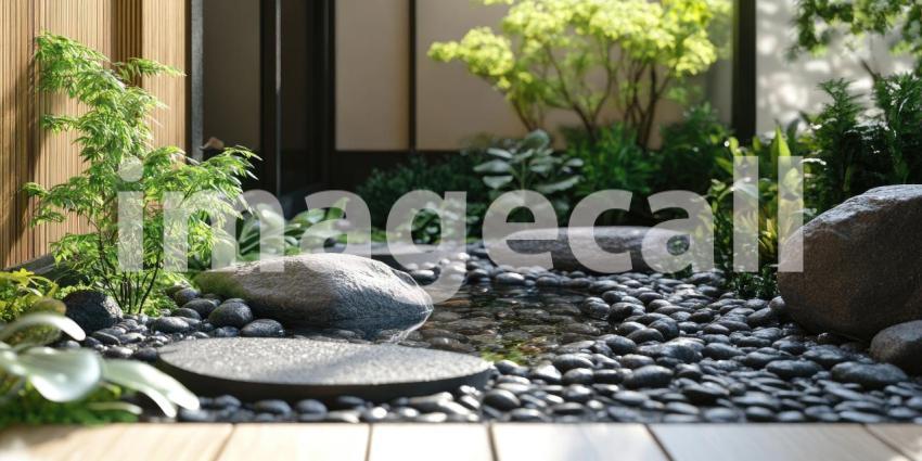 Vibrant Garden Scene with Colorful Flowers, Lush Greenery, and Smooth River Rocks Bathed in Sunlight