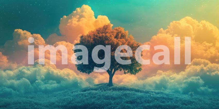 Surreal Landscape with a Solitary Tree Standing Tall Against a Dreamy Sky with Vibrant Pink and Orange Clouds