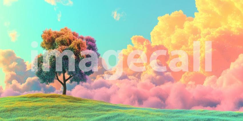 Surreal Landscape with a Solitary Tree Standing Tall Against a Dreamy Sky with Vibrant Pink and Orange Clouds